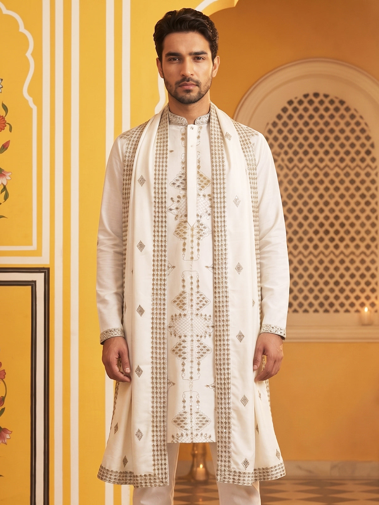 Men’s Embroidered Kurta with Dupatta ( 65KO D 5540Cream )