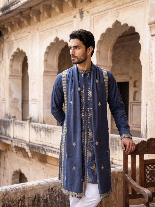 Men’s Embroidered Kurta with Dupatta ( 65KO D 5540Navy )