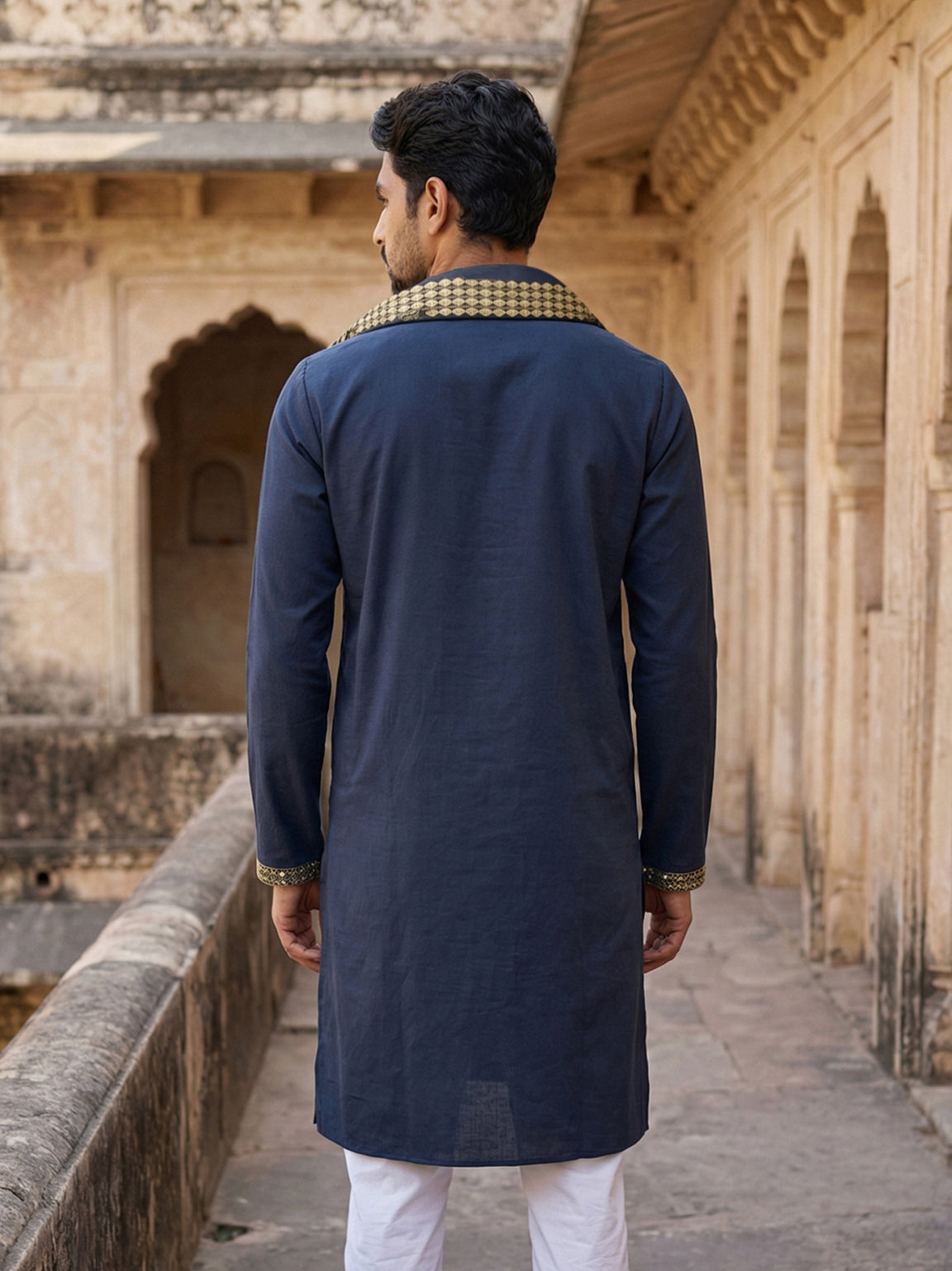 Men’s Embroidered Kurta with Dupatta ( 65KO D 5540Navy )