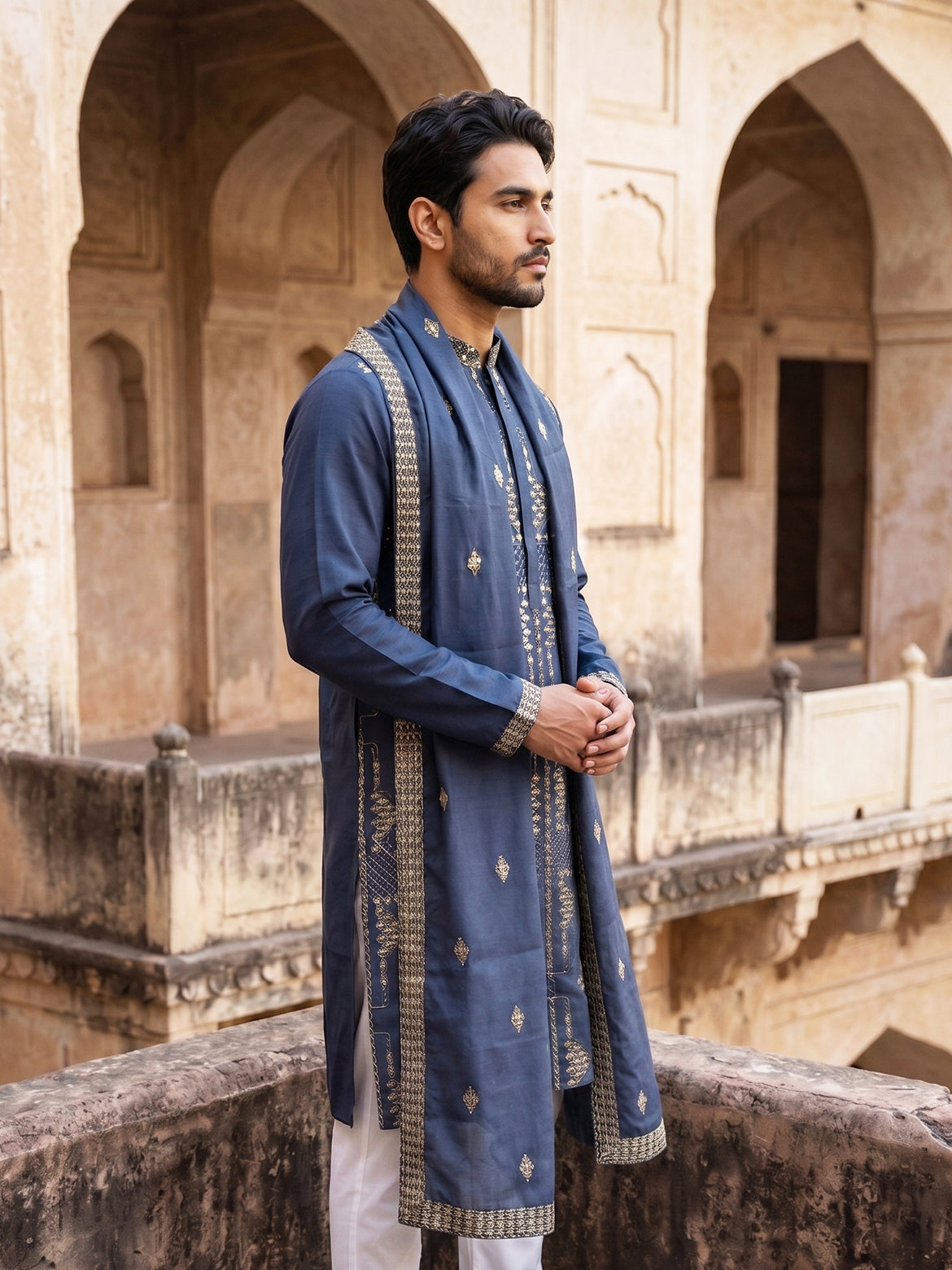Men’s Embroidered Kurta with Dupatta ( 65KO D 5540Navy )