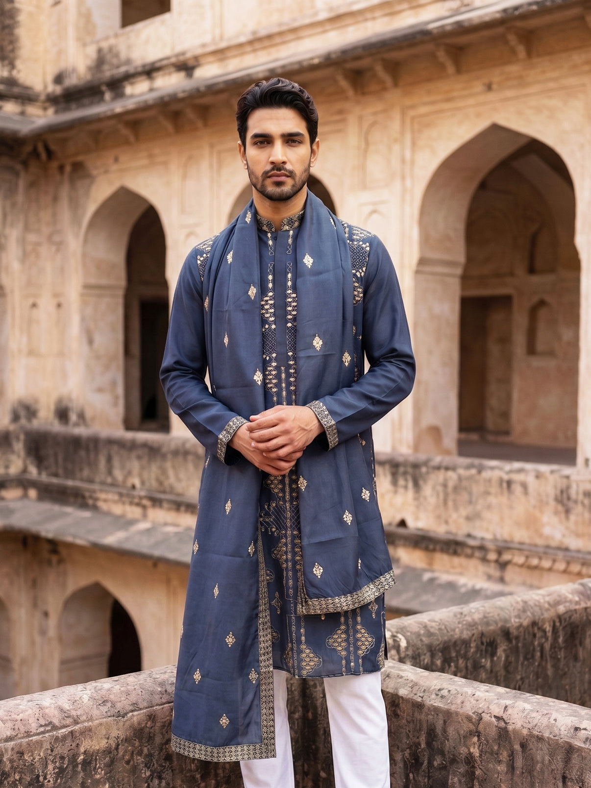 Men’s Embroidered Kurta with Dupatta ( 65KO D 5540Navy )