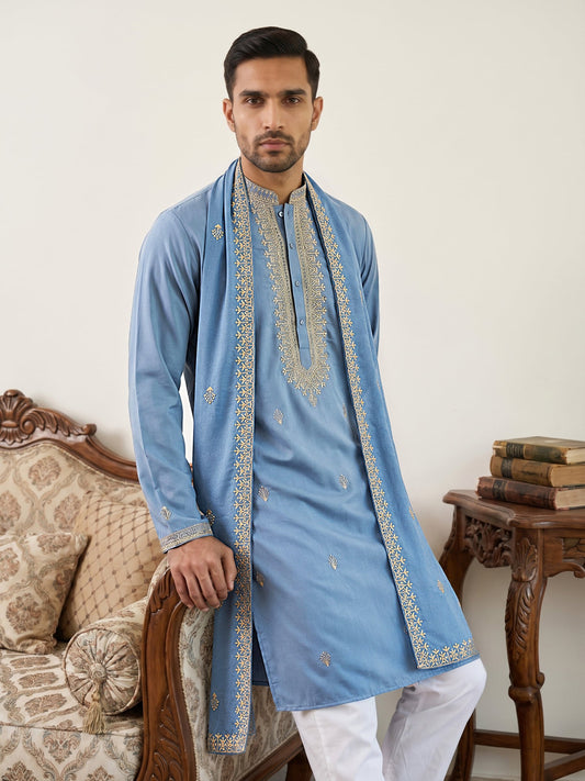 Men’s Traditional Thread Embroidered Kurta & Dupatta ( 65KO D 5549Blue )