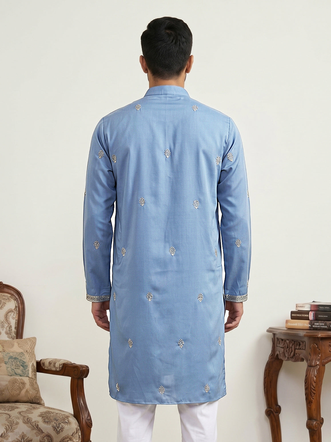 Men’s Traditional Thread Embroidered Kurta & Dupatta ( 65KO D 5549Blue )