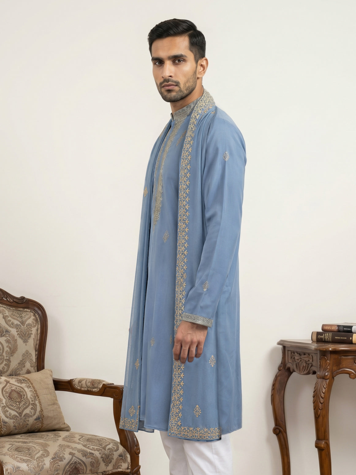 Men’s Traditional Thread Embroidered Kurta & Dupatta ( 65KO D 5549Blue )
