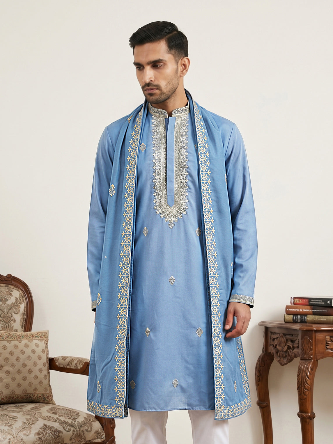 Men’s Traditional Thread Embroidered Kurta & Dupatta ( 65KO D 5549Blue )