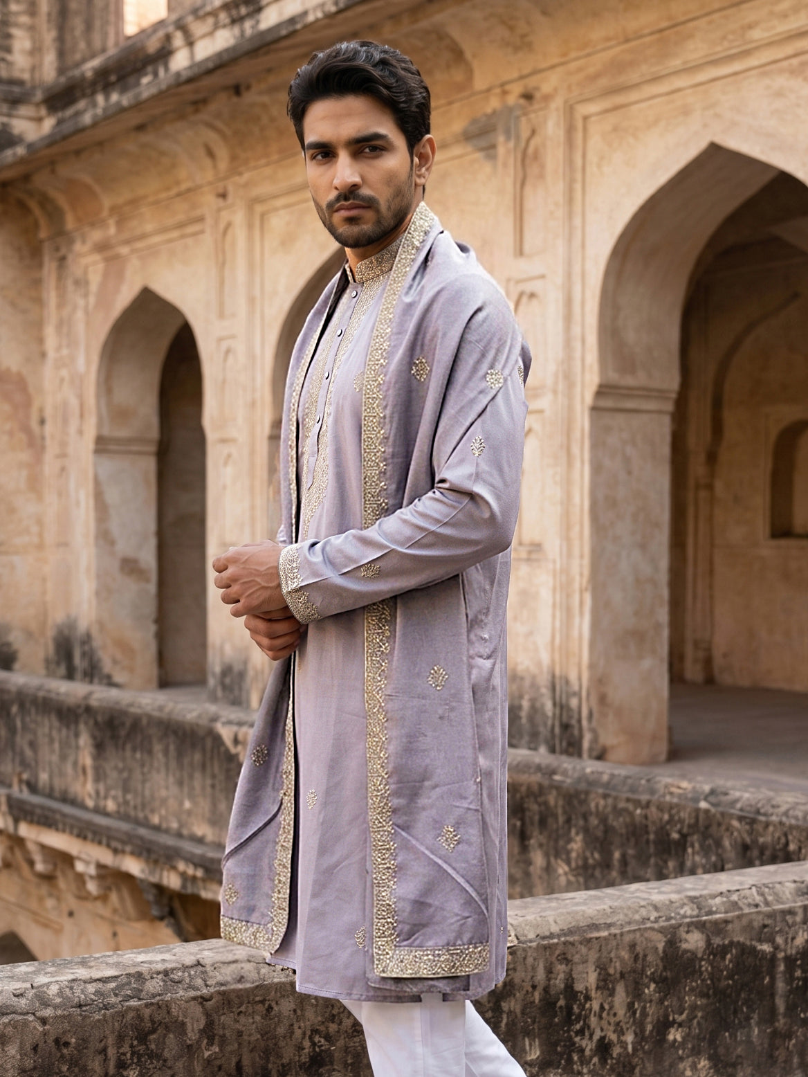 Men’s Traditional Thread Embroidered Kurta & Dupatta ( 65KO D 5549Purple )