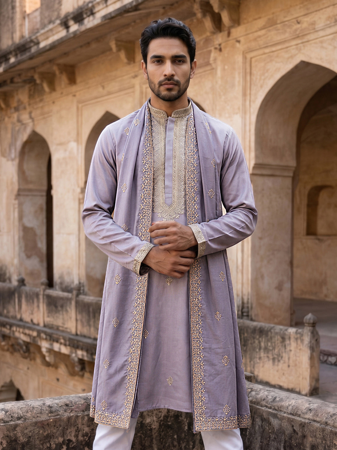 Men’s Traditional Thread Embroidered Kurta & Dupatta ( 65KO D 5549Purple )