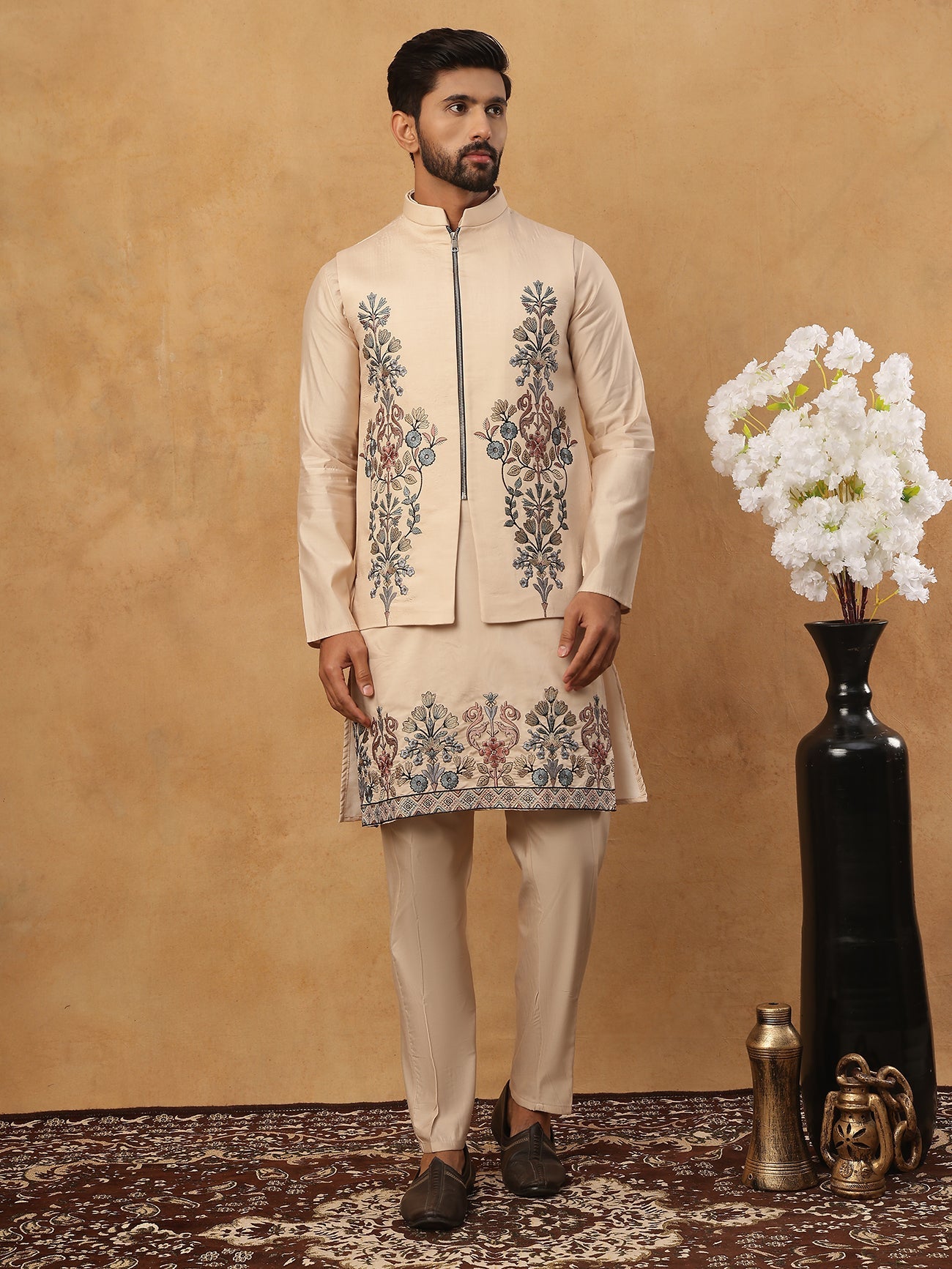 Silk Blend Embroidered Kurta Pyjama Waistcoat Set (65KPWCS 5437 Beige ) [FF] [ A3 & A2 ]