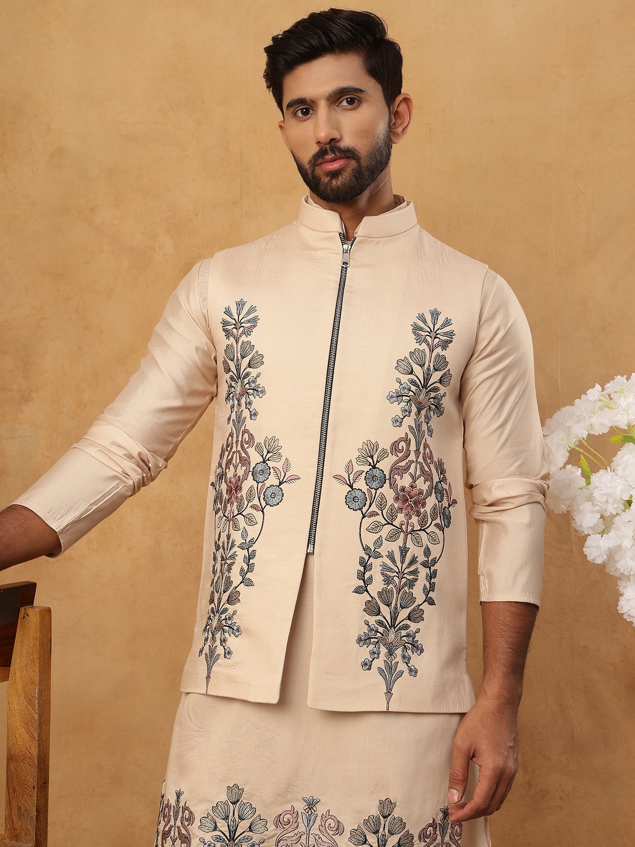 Silk Blend Embroidered Kurta Pyjama Waistcoat Set (65KPWCS 5437 Beige ) [FF] [ A3 & A2 ]
