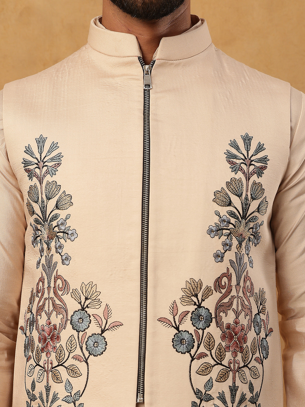 Silk Blend Embroidered Kurta Pyjama Waistcoat Set (65KPWCS 5437 Beige ) [FF] [ A3 & A2 ]