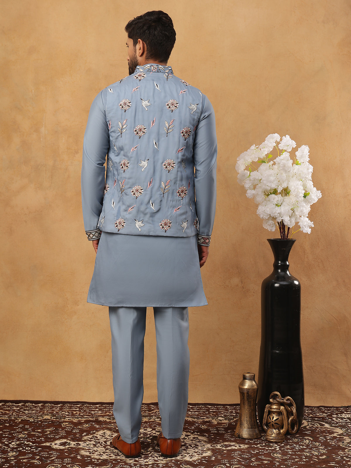 Silk Blend Embroidered Kurta Pyjama Waistcoat Set (65KPWCS 5440 Blue ) [FF] [ A3 & A2 ]