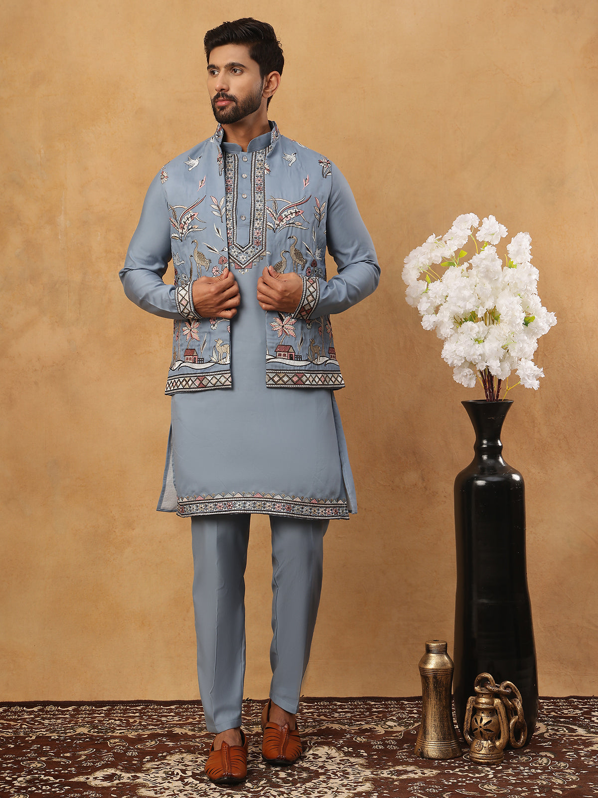 Silk Blend Embroidered Kurta Pyjama Waistcoat Set (65KPWCS 5440 Blue ) [FF] [ A3 & A2 ]