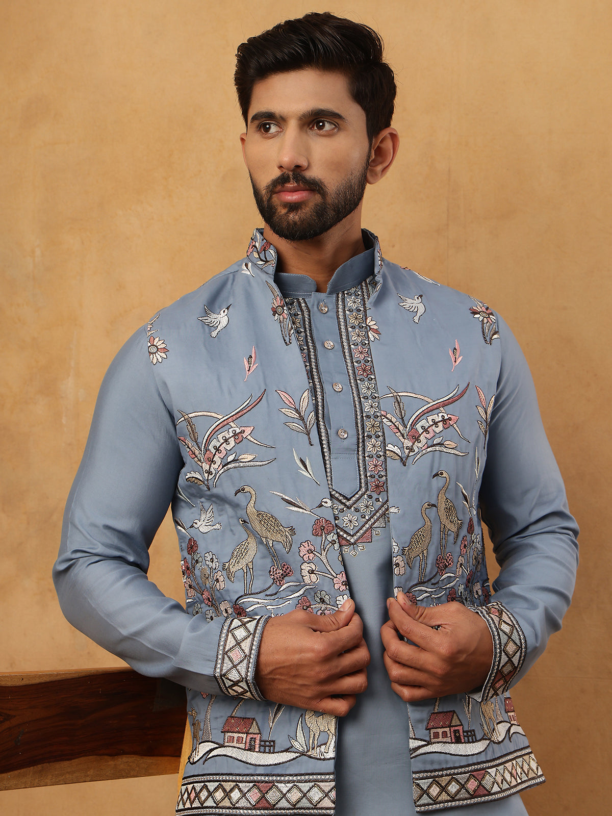 Silk Blend Embroidered Kurta Pyjama Waistcoat Set (65KPWCS 5440 Blue ) [FF] [ A3 & A2 ]