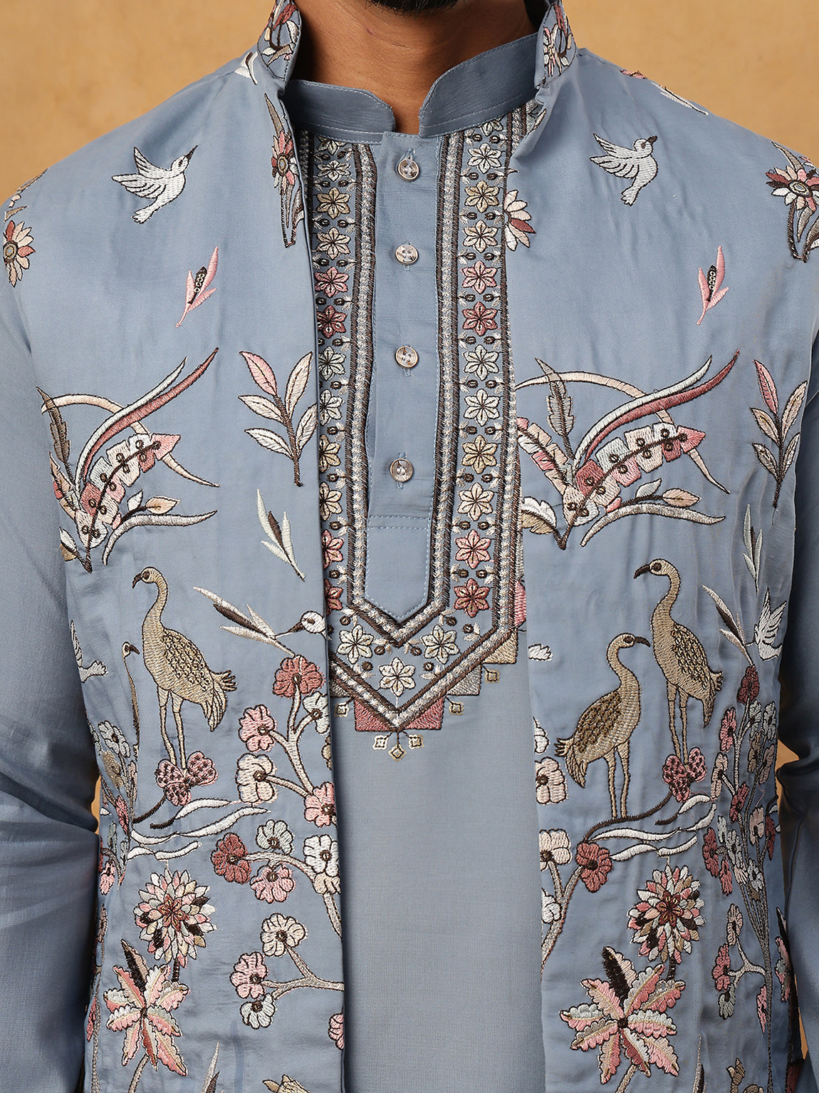 Silk Blend Embroidered Kurta Pyjama Waistcoat Set (65KPWCS 5440 Blue ) [FF] [ A3 & A2 ]