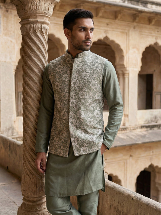 Men’s Kurta Pyjama with Embroidered Waistcoat ( 65KPWCS 5476Green )