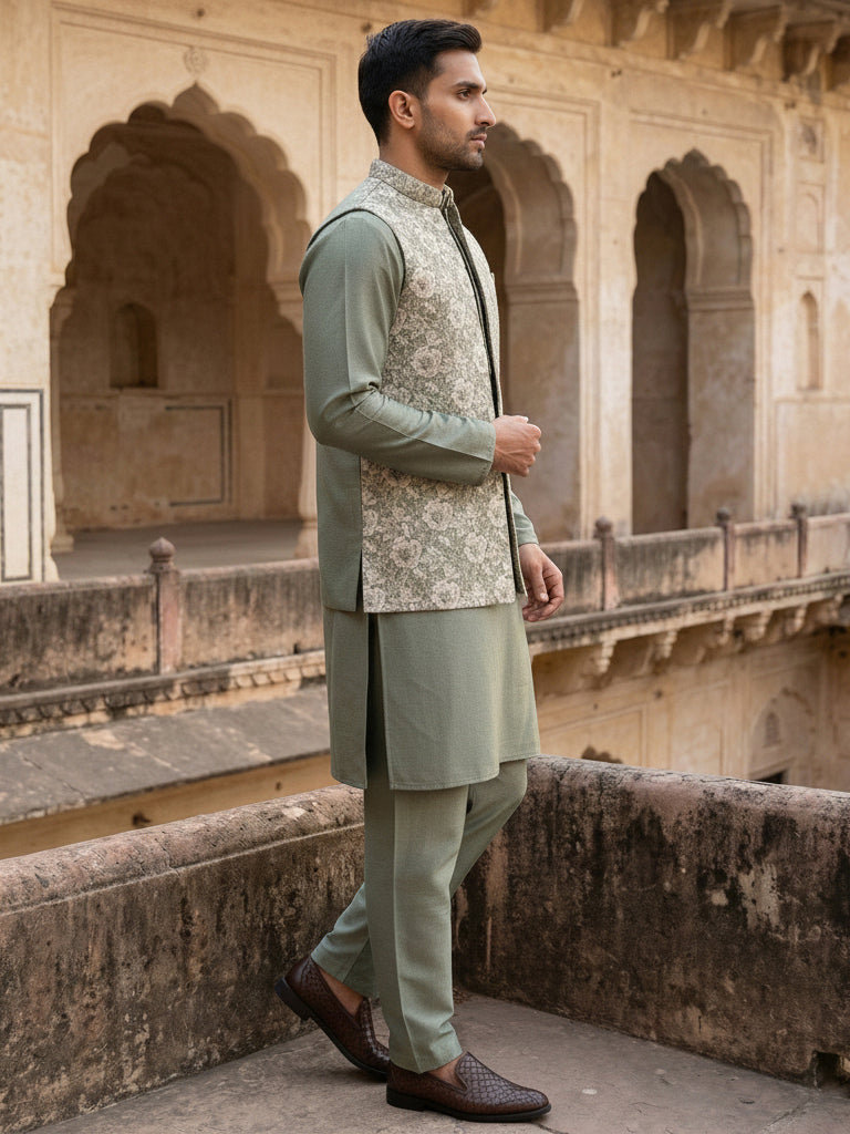 Men’s Kurta Pyjama with Embroidered Waistcoat ( 65KPWCS 5476Green )