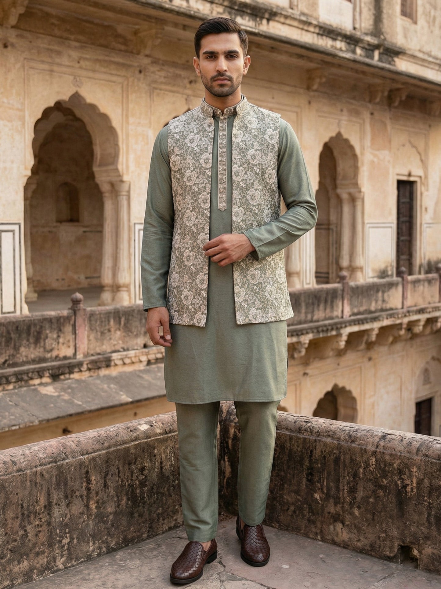 Men’s Kurta Pyjama with Embroidered Waistcoat ( 65KPWCS 5476Green )