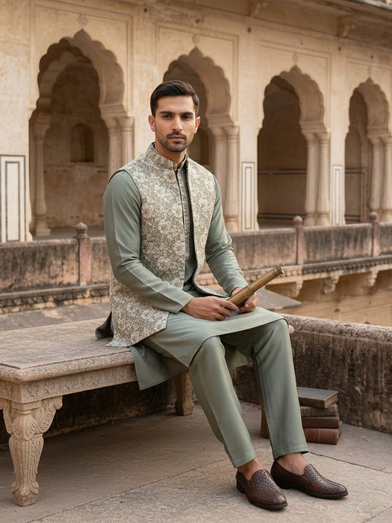 Men’s Kurta Pyjama with Embroidered Waistcoat ( 65KPWCS 5476Green )