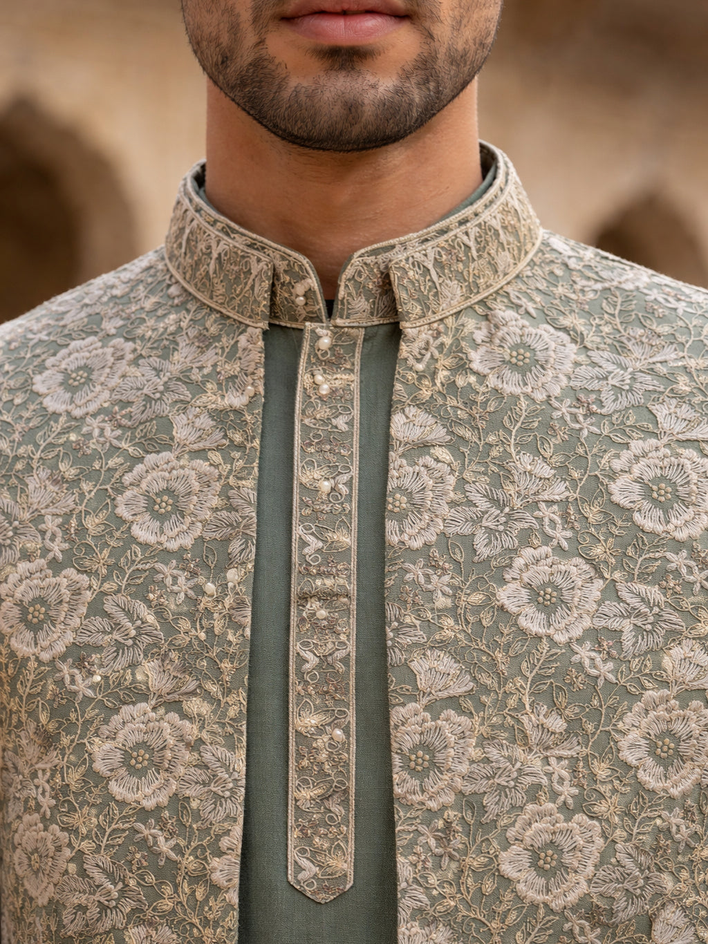 Men’s Kurta Pyjama with Embroidered Waistcoat ( 65KPWCS 5476Green )