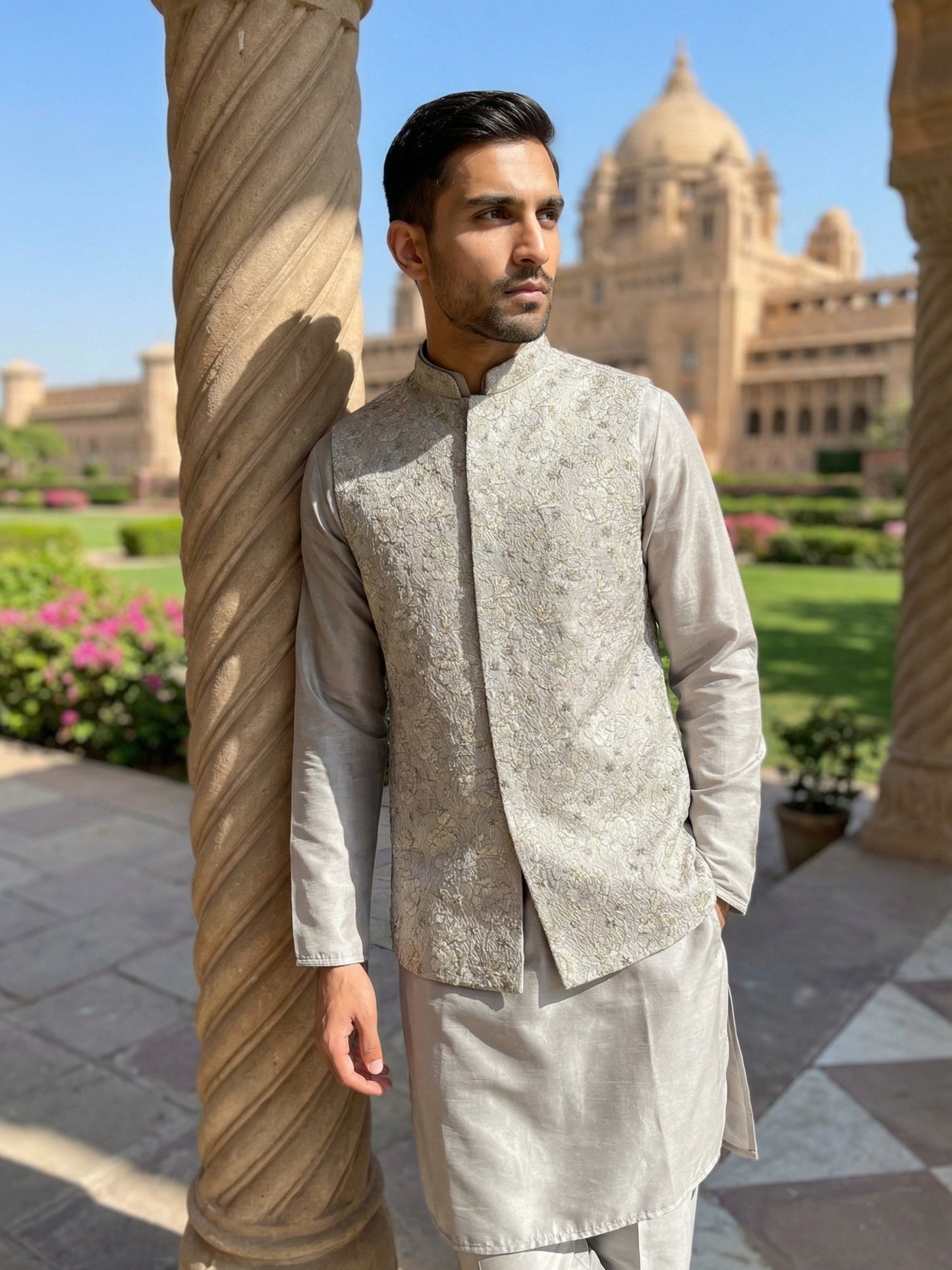 Men’s Kurta Pyjama with Embroidered Waistcoat ( 65KPWCS 5476Grey )