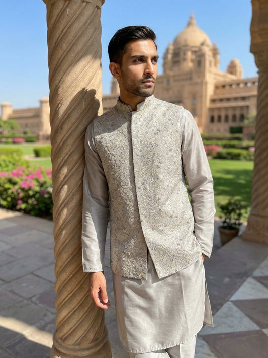 Men’s Kurta Pyjama with Embroidered Waistcoat ( 65KPWCS 5476Grey )