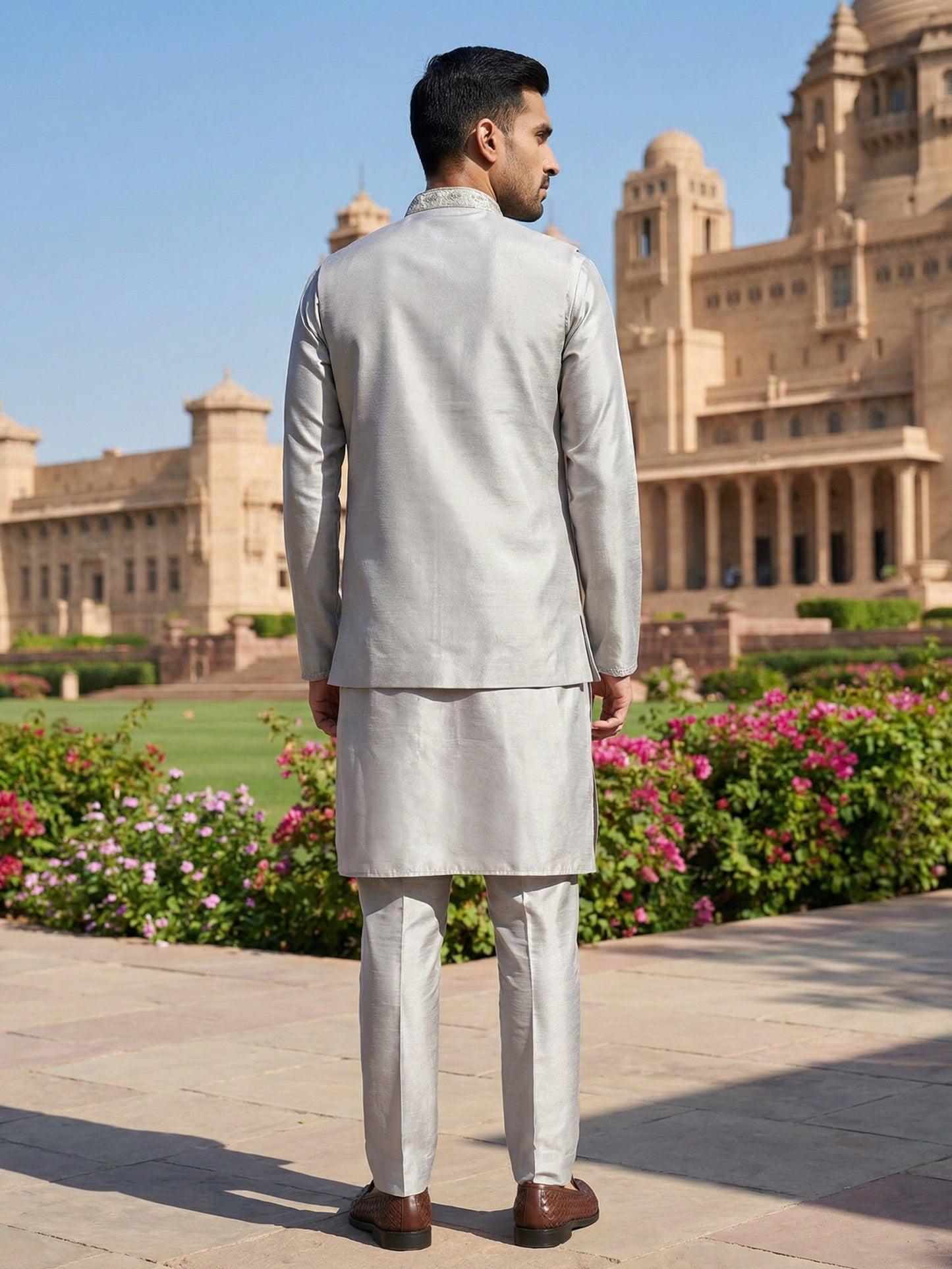 Men’s Kurta Pyjama with Embroidered Waistcoat ( 65KPWCS 5476Grey )