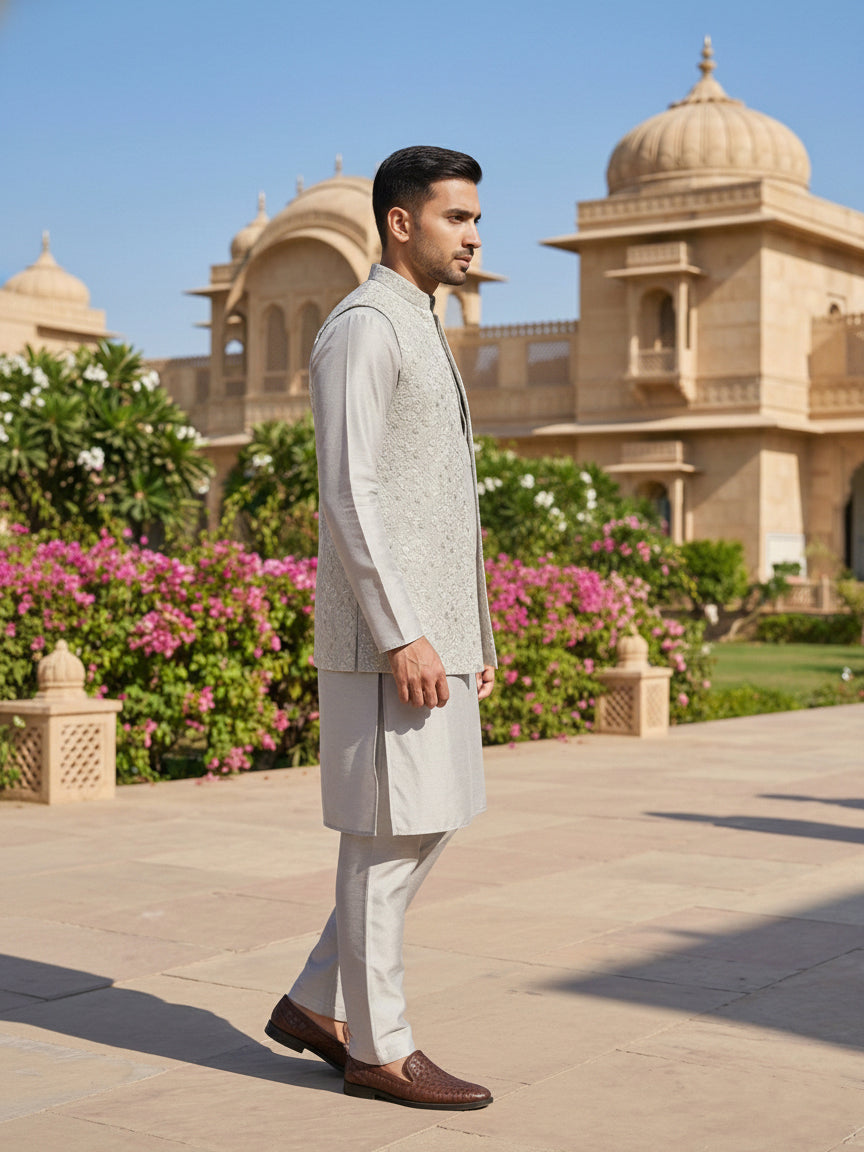 Men’s Kurta Pyjama with Embroidered Waistcoat ( 65KPWCS 5476Grey )
