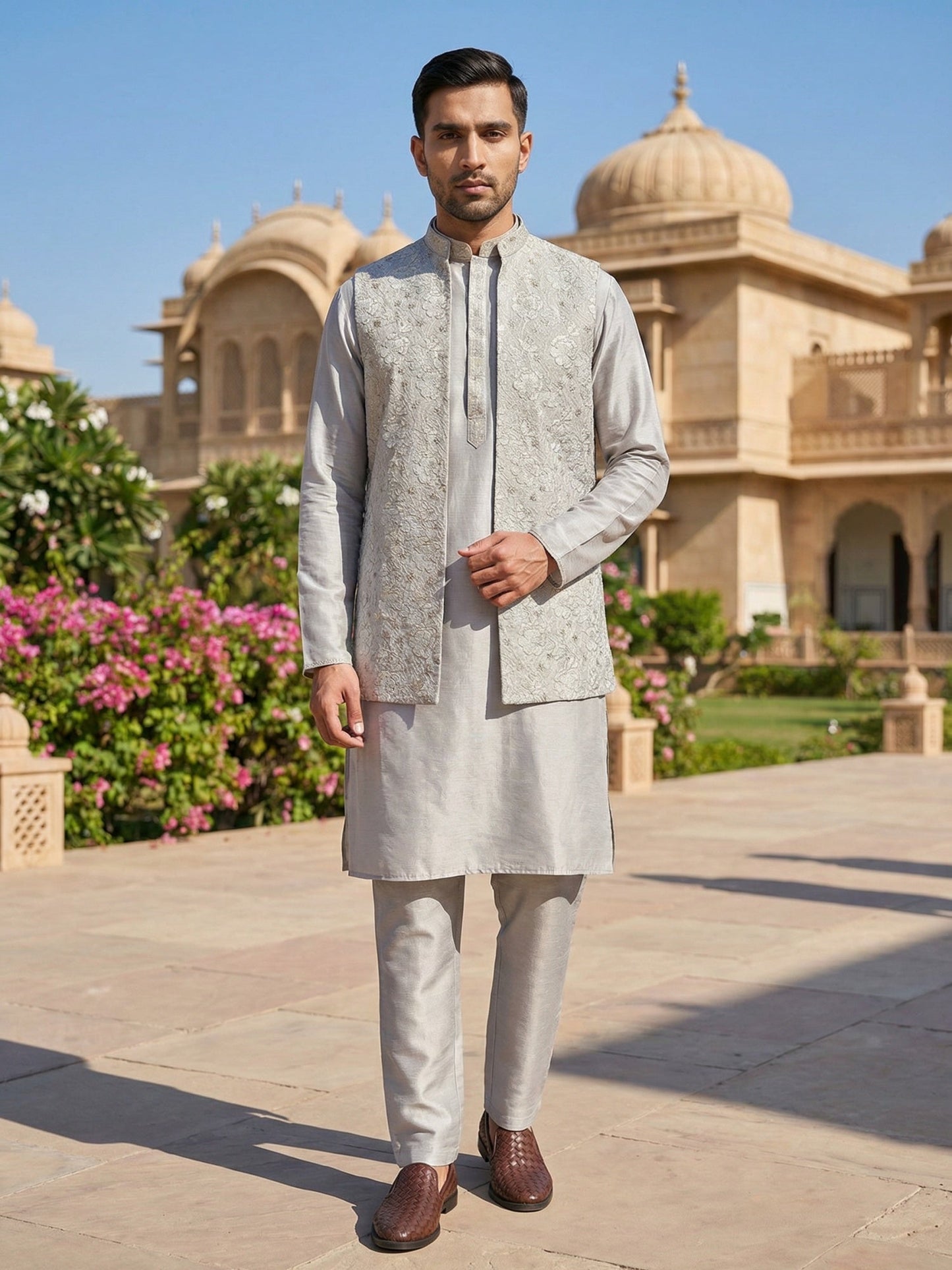Men’s Kurta Pyjama with Embroidered Waistcoat ( 65KPWCS 5476Grey )