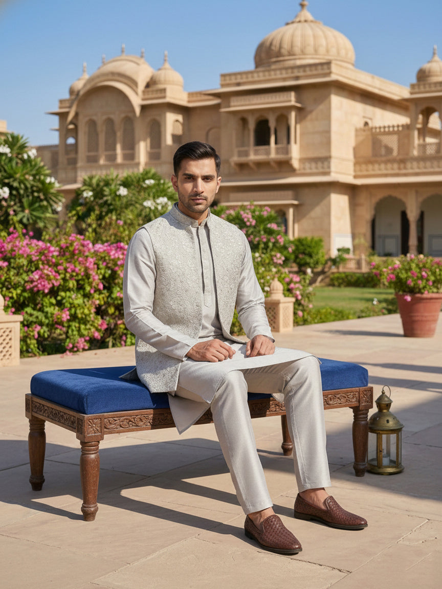 Men’s Kurta Pyjama with Embroidered Waistcoat ( 65KPWCS 5476Grey )