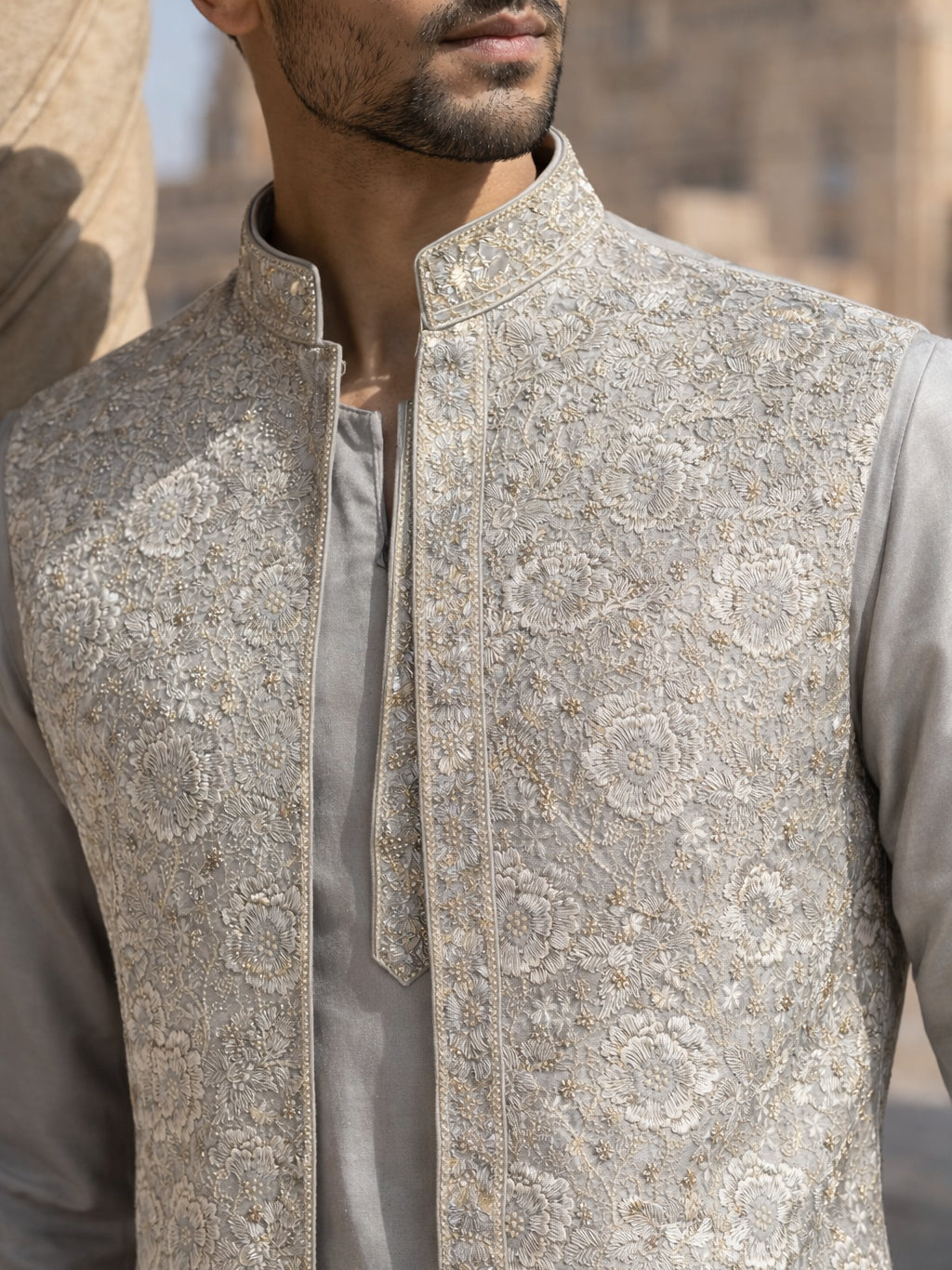 Men’s Kurta Pyjama with Embroidered Waistcoat ( 65KPWCS 5476Grey )