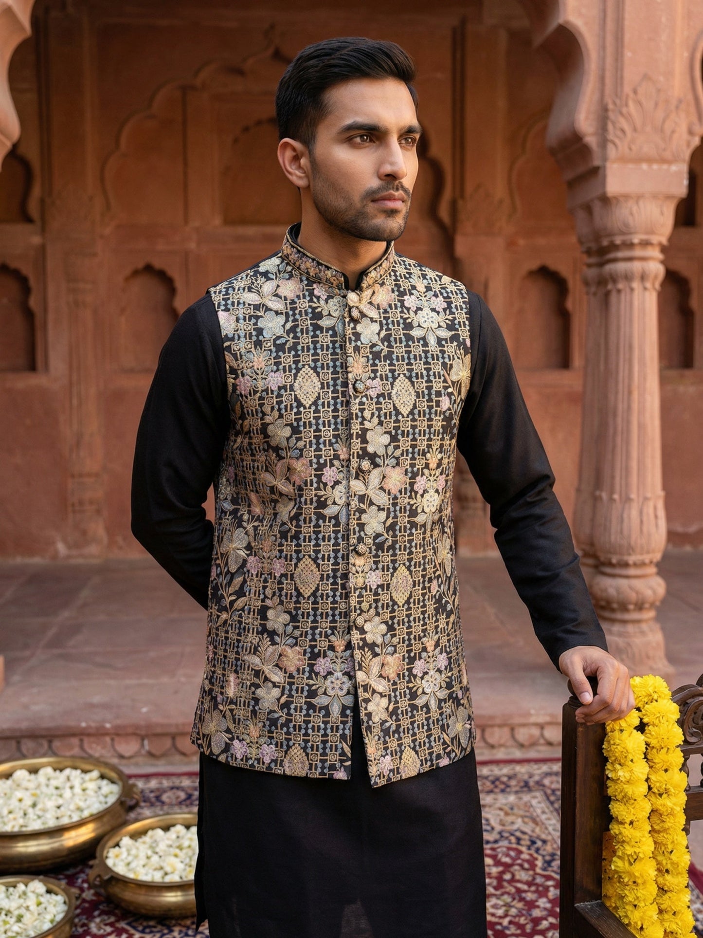 Kurta Pyjama Set with Floral Embroidered Waistcoat ( 65KPWCS 5477Black )
