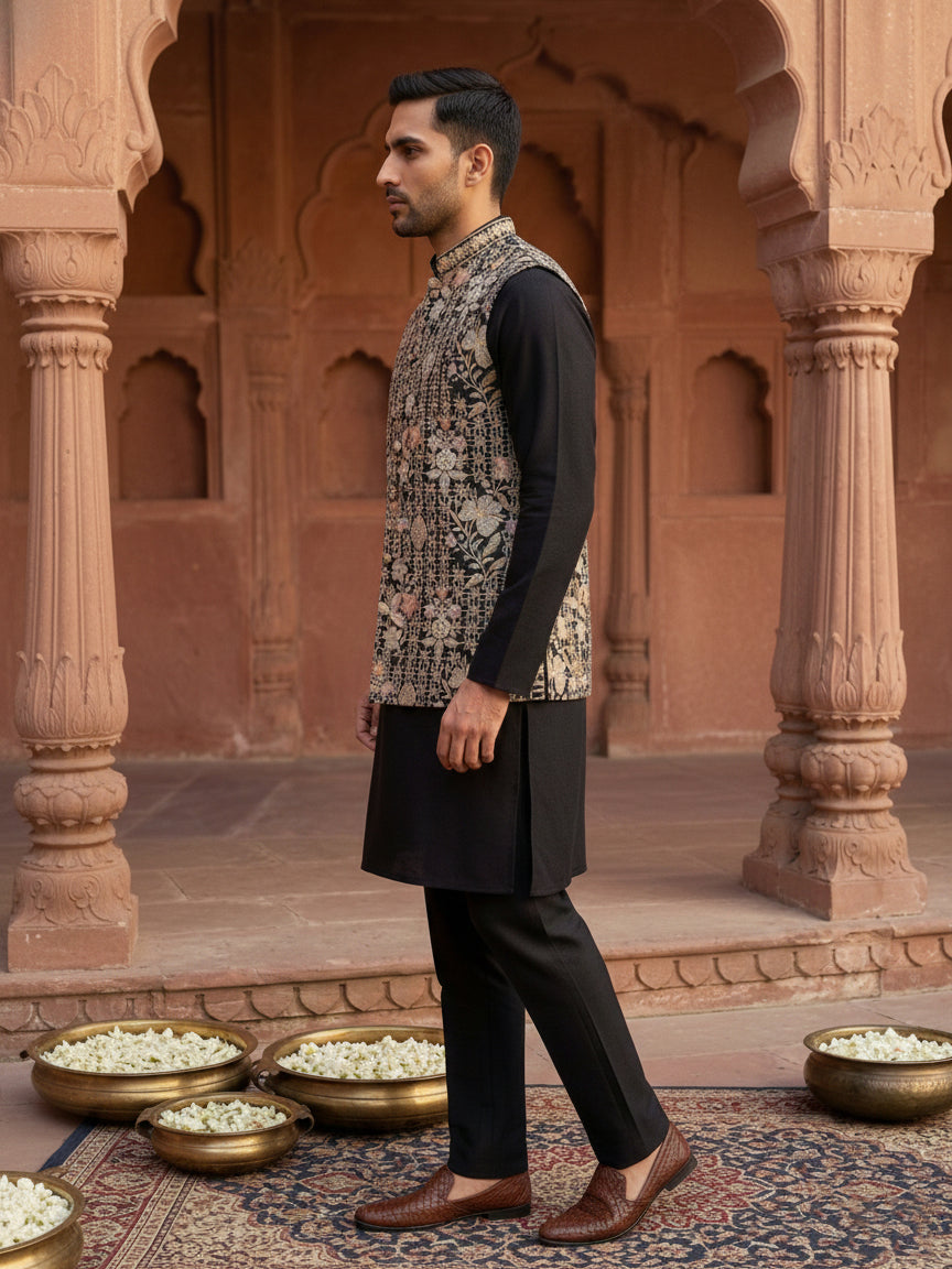 Kurta Pyjama Set with Floral Embroidered Waistcoat ( 65KPWCS 5477Black )