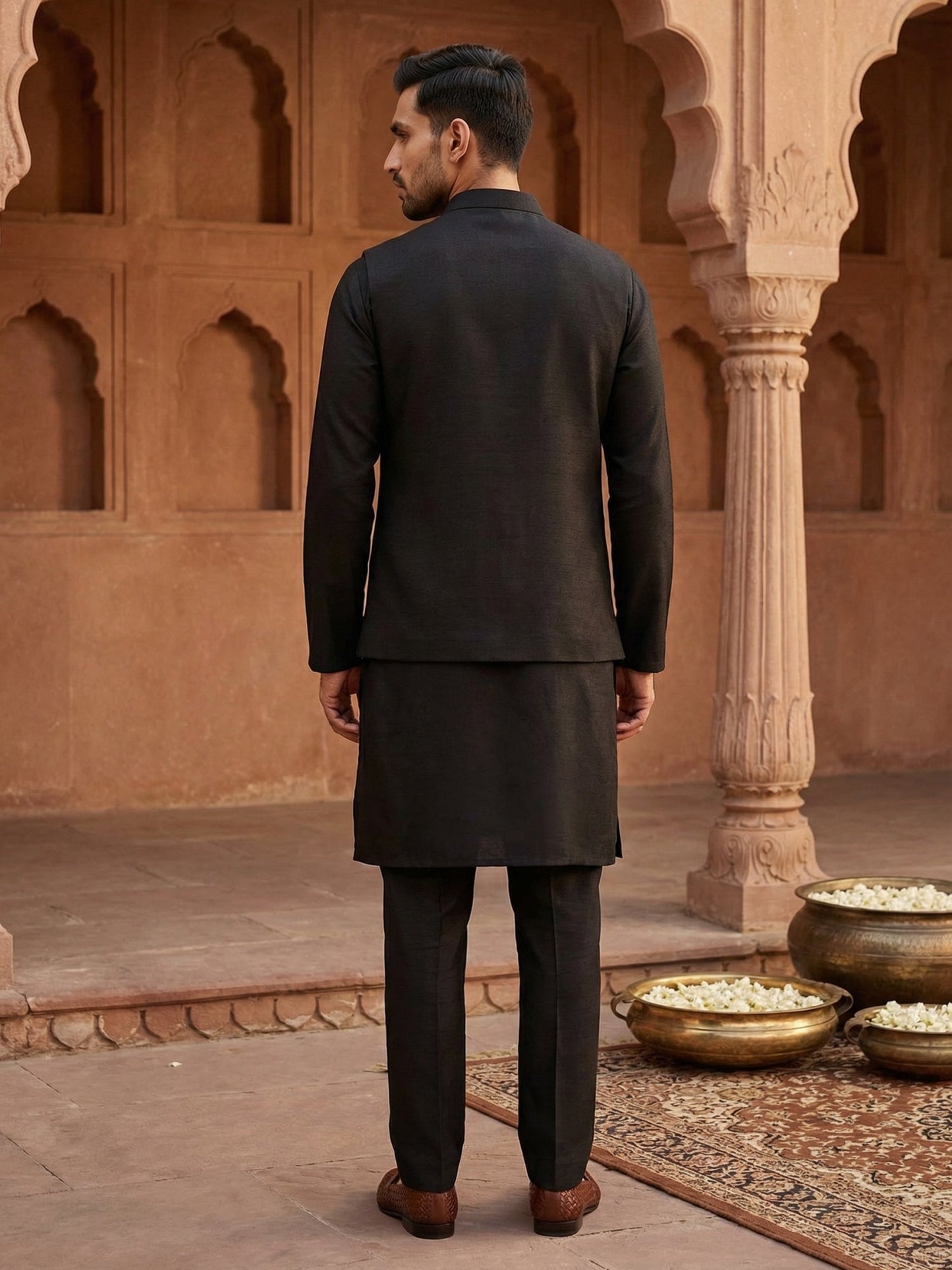 Kurta Pyjama Set with Floral Embroidered Waistcoat ( 65KPWCS 5477Black )