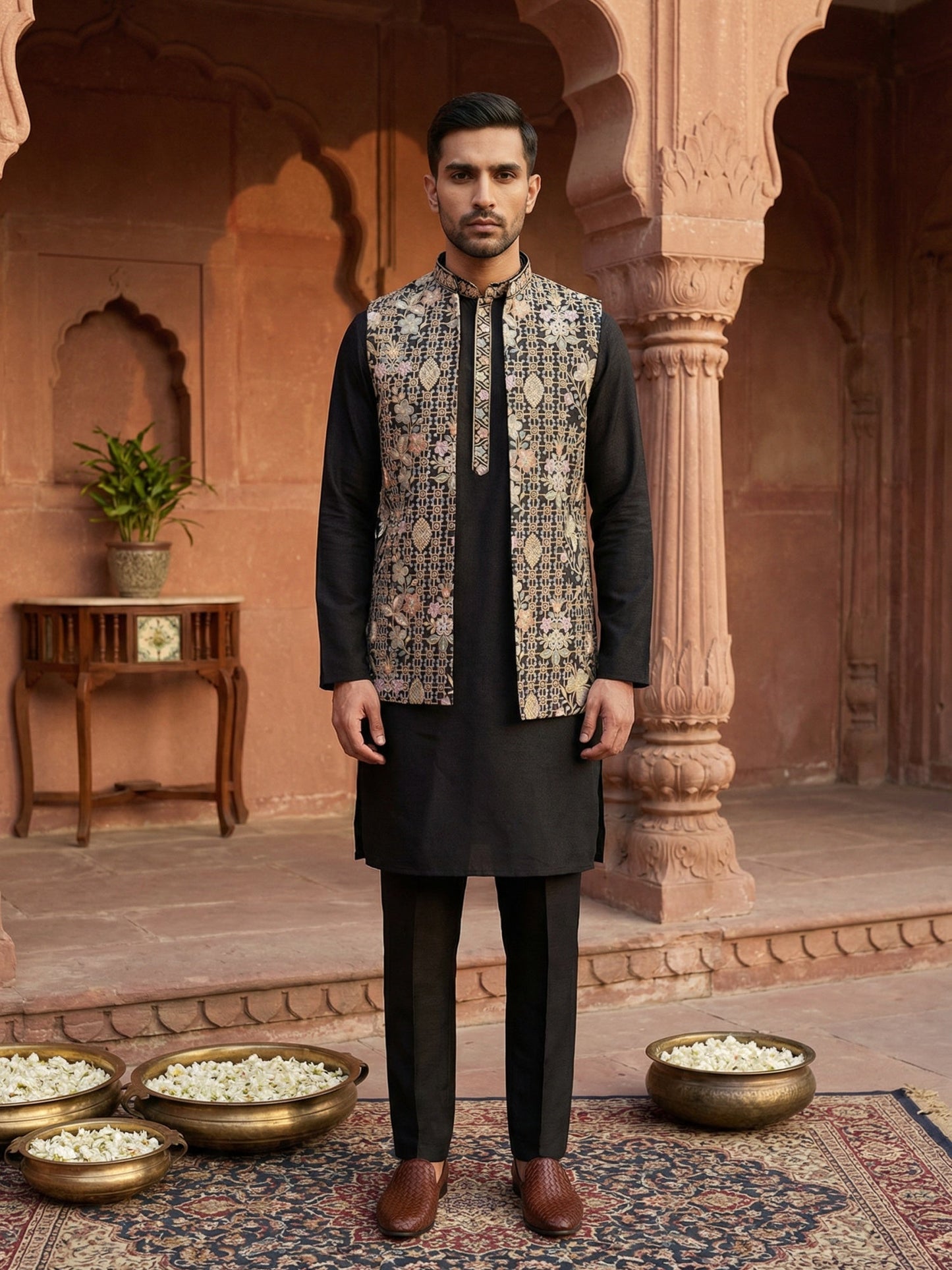 Kurta Pyjama Set with Floral Embroidered Waistcoat ( 65KPWCS 5477Black )