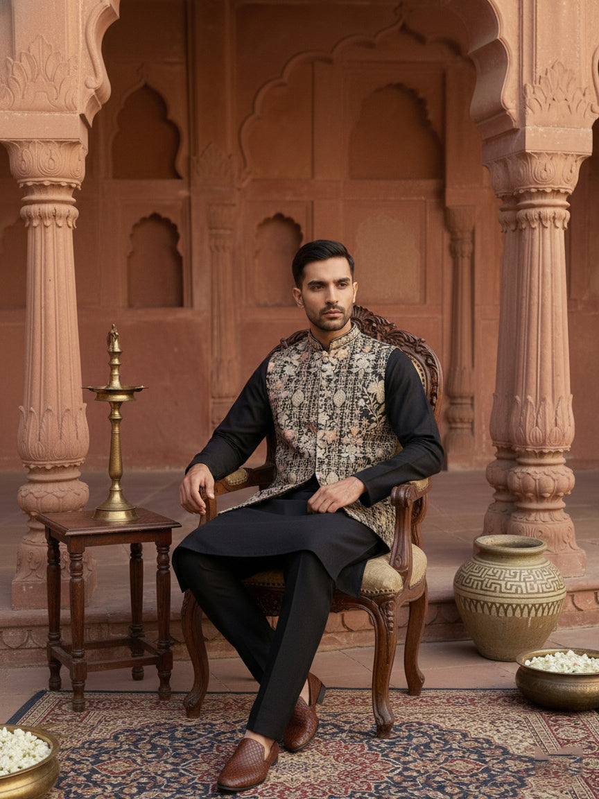 Kurta Pyjama Set with Floral Embroidered Waistcoat ( 65KPWCS 5477Black )