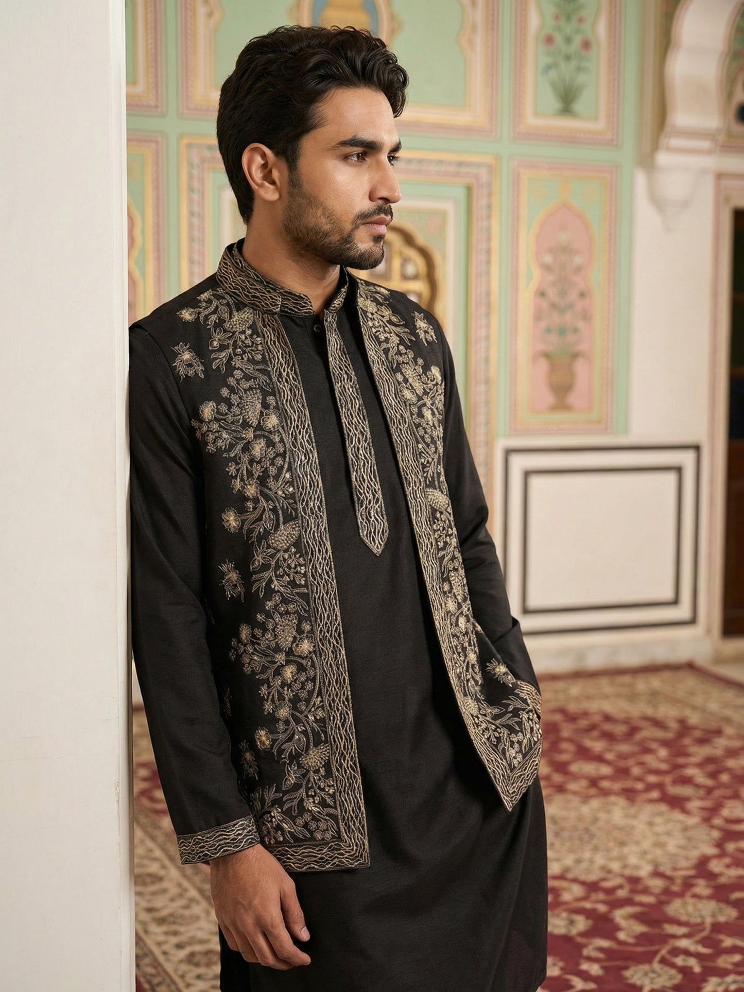 Silk Blend Embroidered Waistcoat Kurta Set ( 65KPWCS 5478Black )