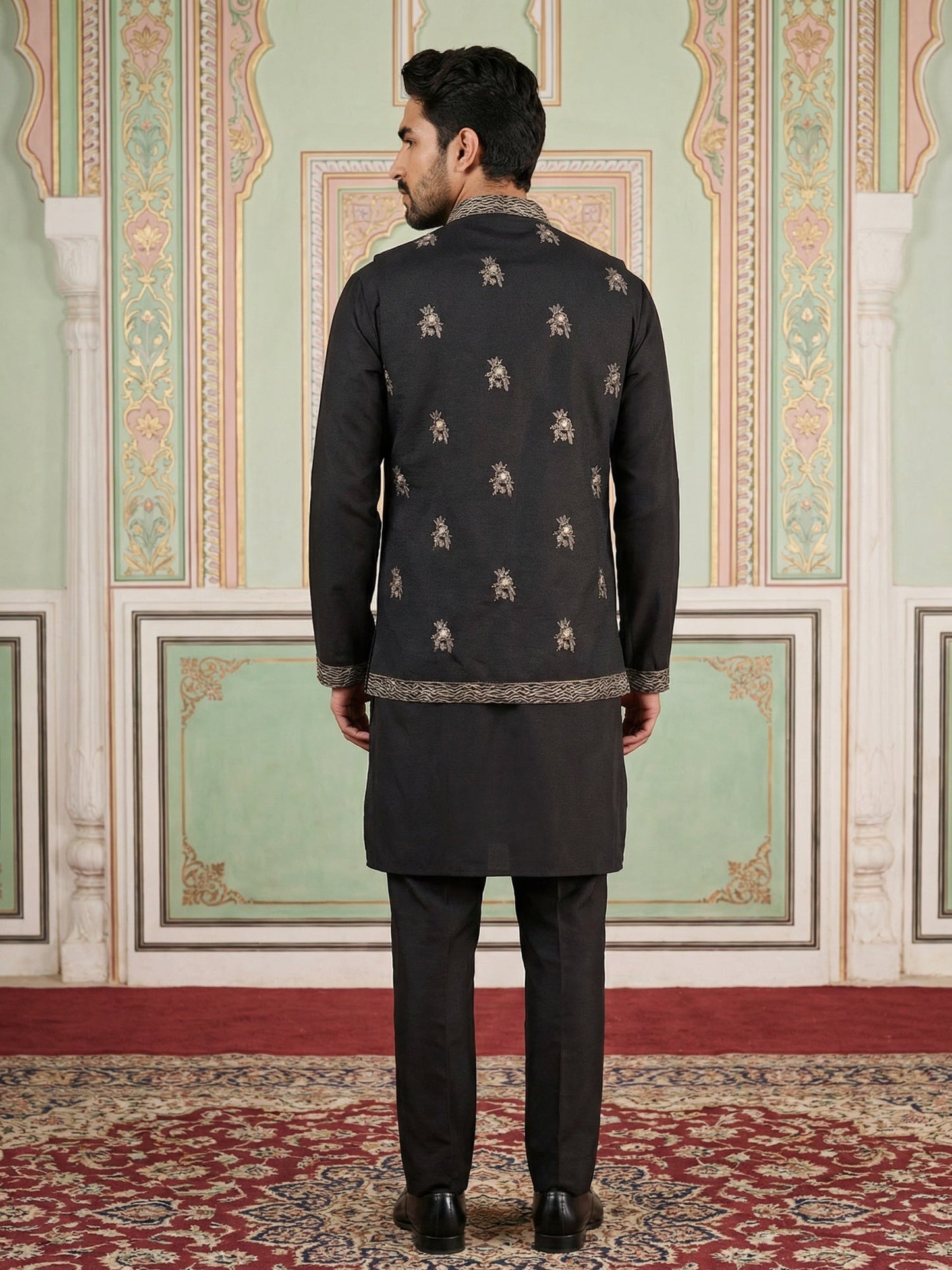 Silk Blend Embroidered Waistcoat Kurta Set ( 65KPWCS 5478Black )