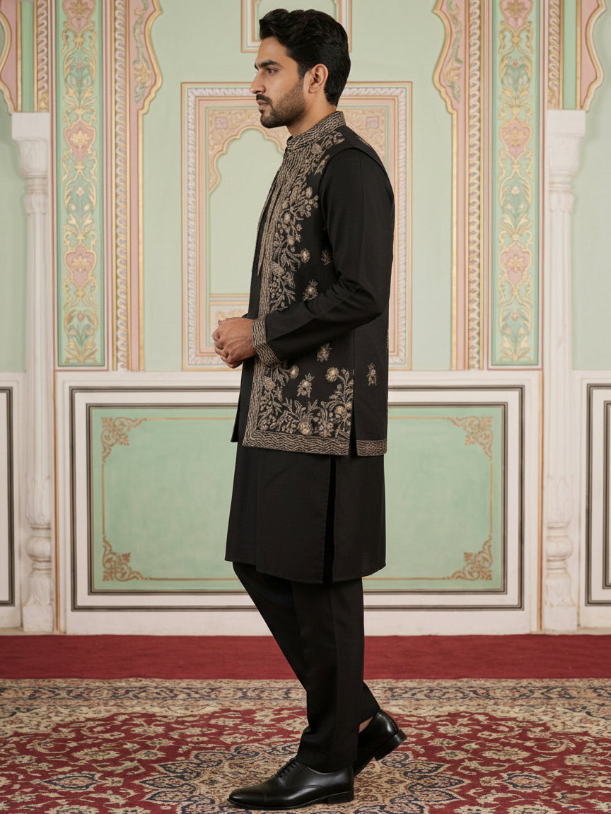 Silk Blend Embroidered Waistcoat Kurta Set ( 65KPWCS 5478Black )