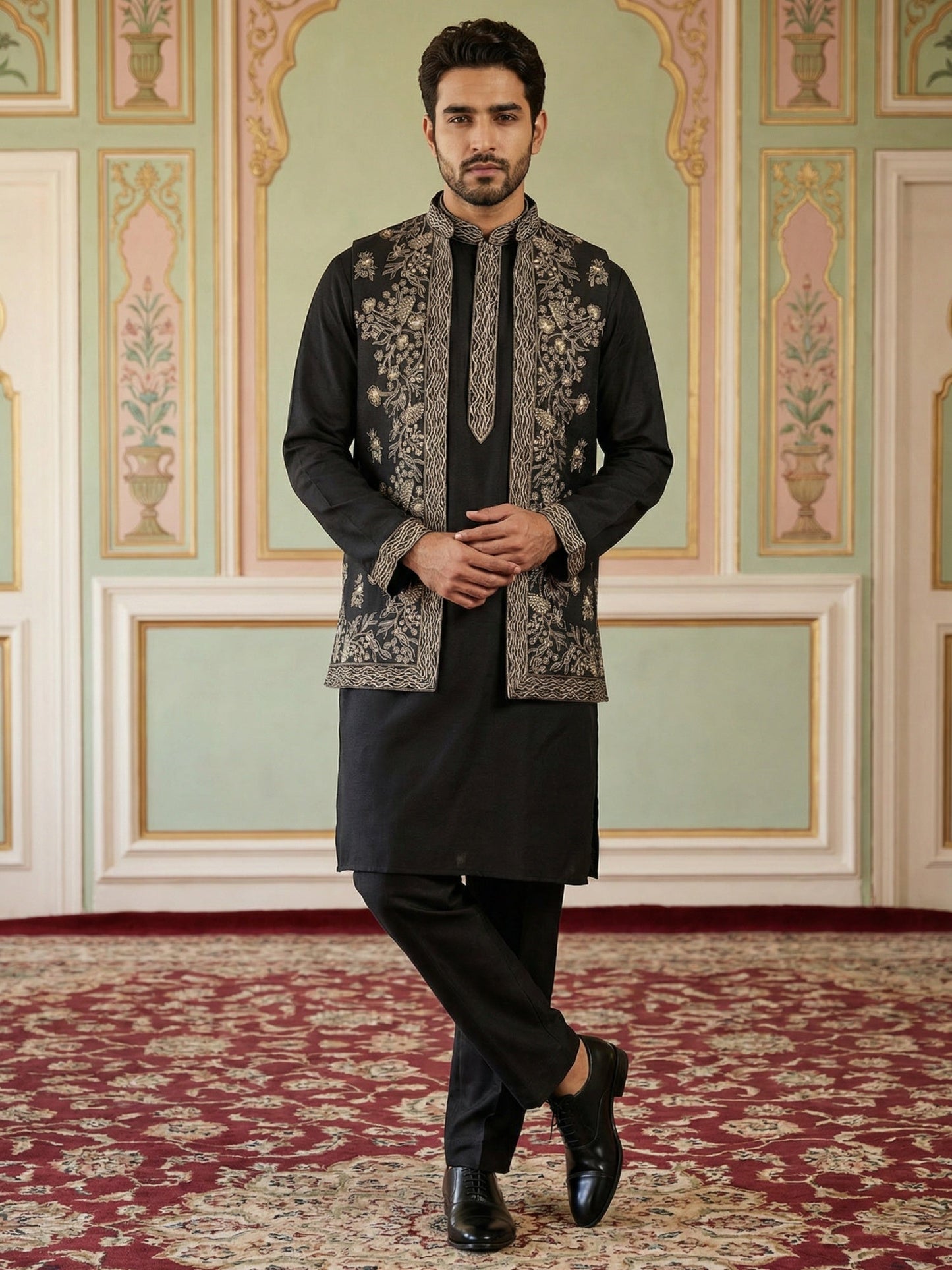 Silk Blend Embroidered Waistcoat Kurta Set ( 65KPWCS 5478Black )