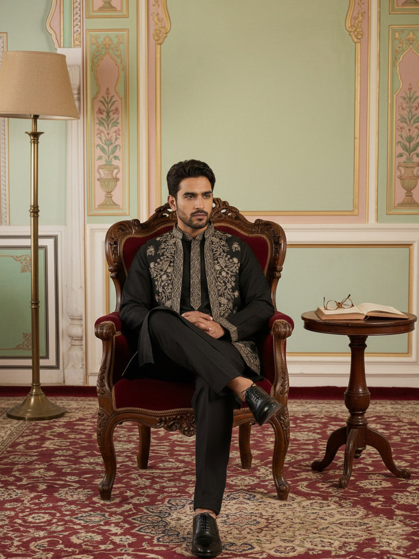 Silk Blend Embroidered Waistcoat Kurta Set ( 65KPWCS 5478Black )