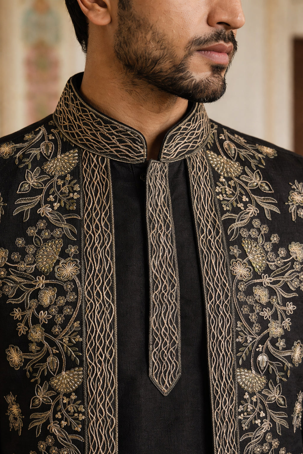 Silk Blend Embroidered Waistcoat Kurta Set ( 65KPWCS 5478Black )
