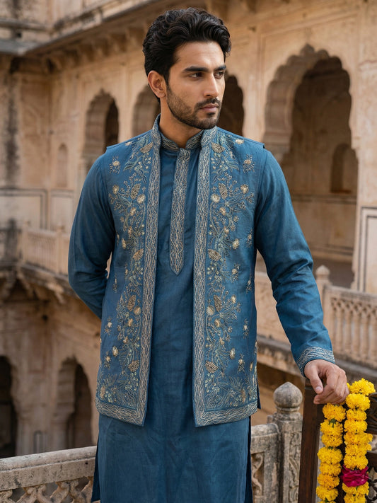Silk Blend Embroidered Waistcoat Kurta Set ( 65KPWCS 5478Blue )