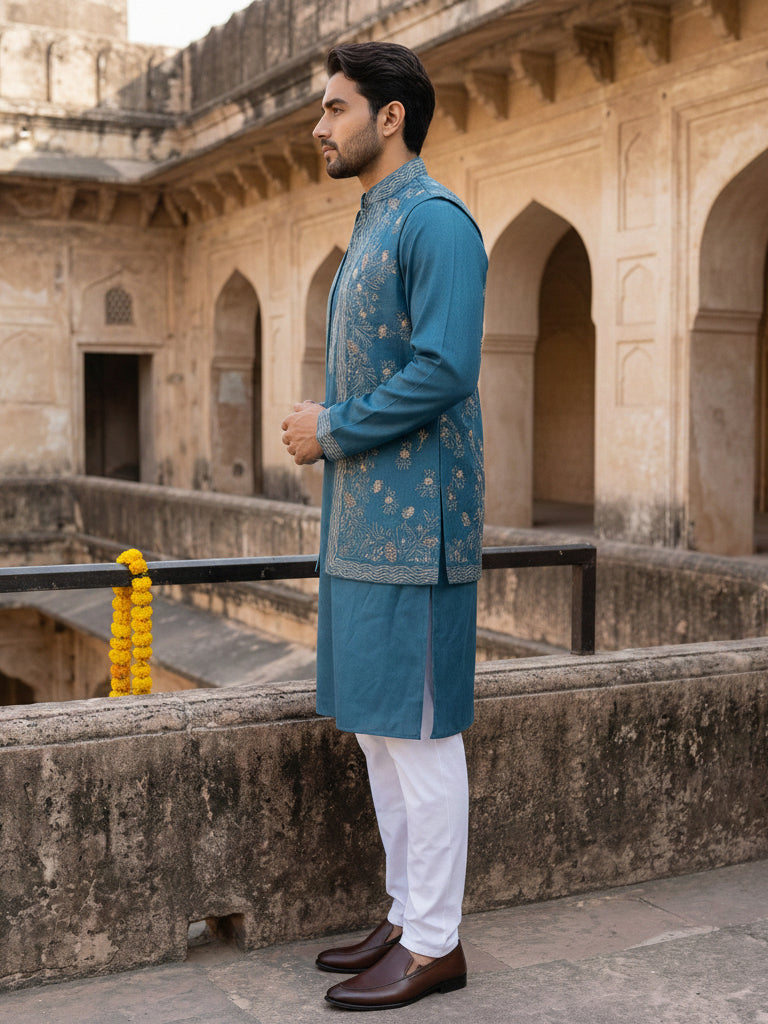 Silk Blend Embroidered Waistcoat Kurta Set ( 65KPWCS 5478Blue )