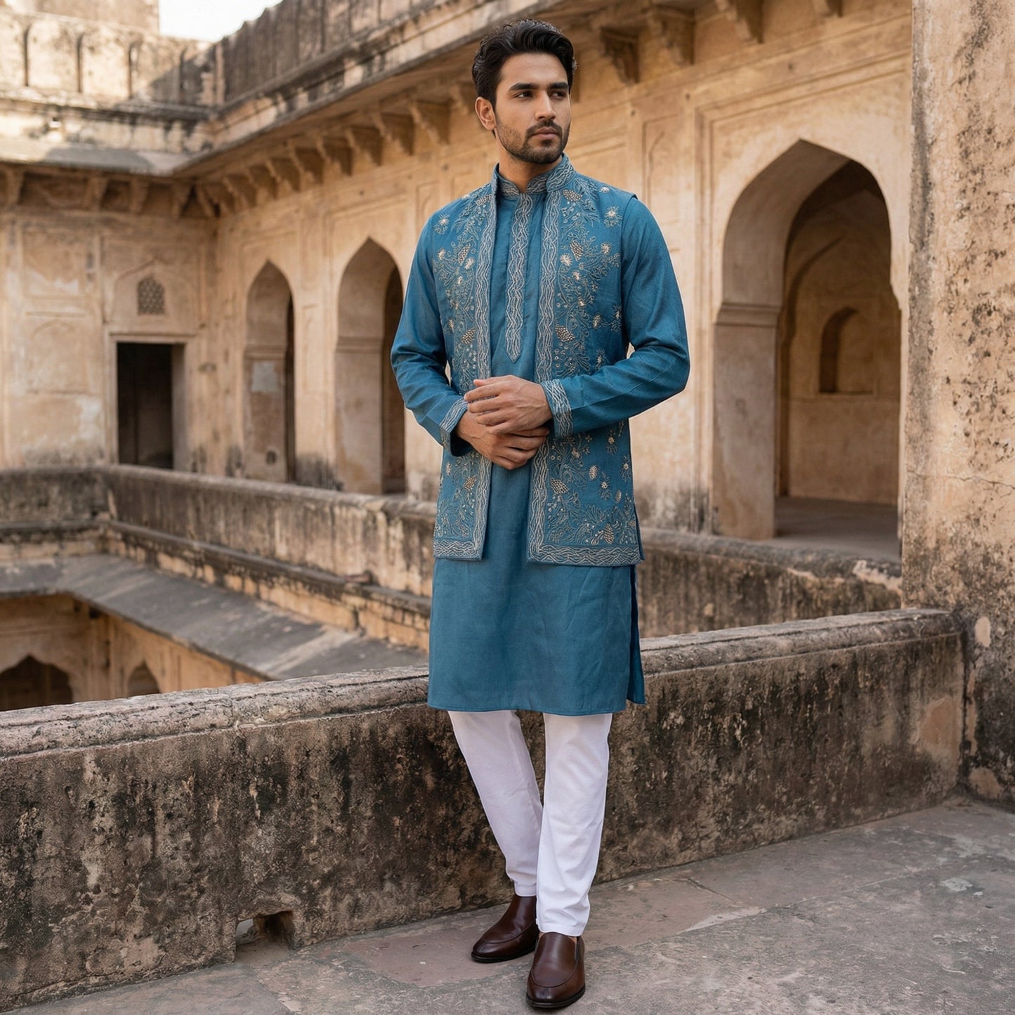 Silk Blend Embroidered Waistcoat Kurta Set ( 65KPWCS 5478Blue )