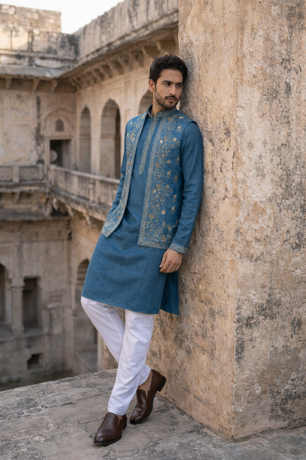 Silk Blend Embroidered Waistcoat Kurta Set ( 65KPWCS 5478Blue )