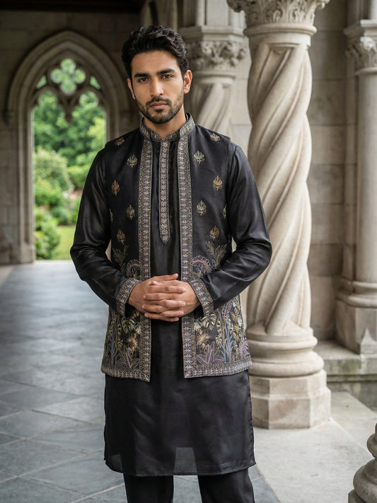 Silk Blend Embroidered Kurta with Pyjama & Waistcoat ( 65KPWCS 5479Black )