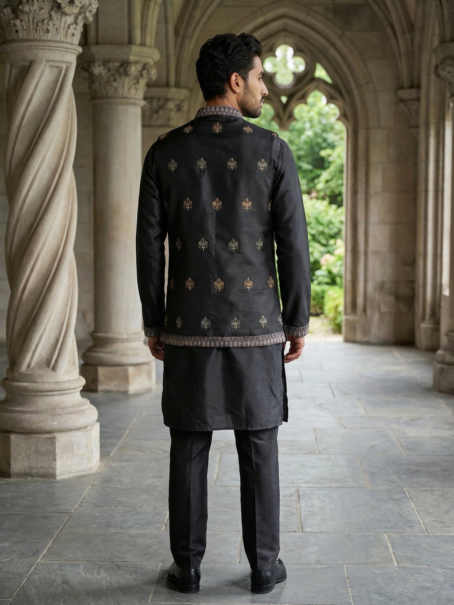 Silk Blend Embroidered Kurta with Pyjama & Waistcoat ( 65KPWCS 5479Black )