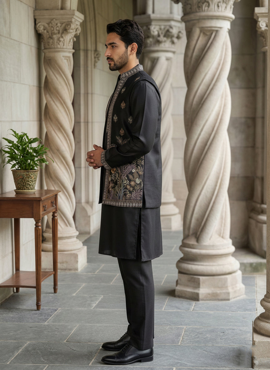 Silk Blend Embroidered Kurta with Pyjama & Waistcoat ( 65KPWCS 5479Black )