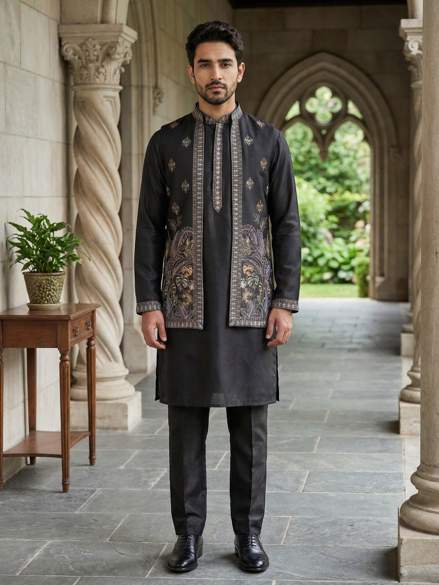Silk Blend Embroidered Kurta with Pyjama & Waistcoat ( 65KPWCS 5479Black )