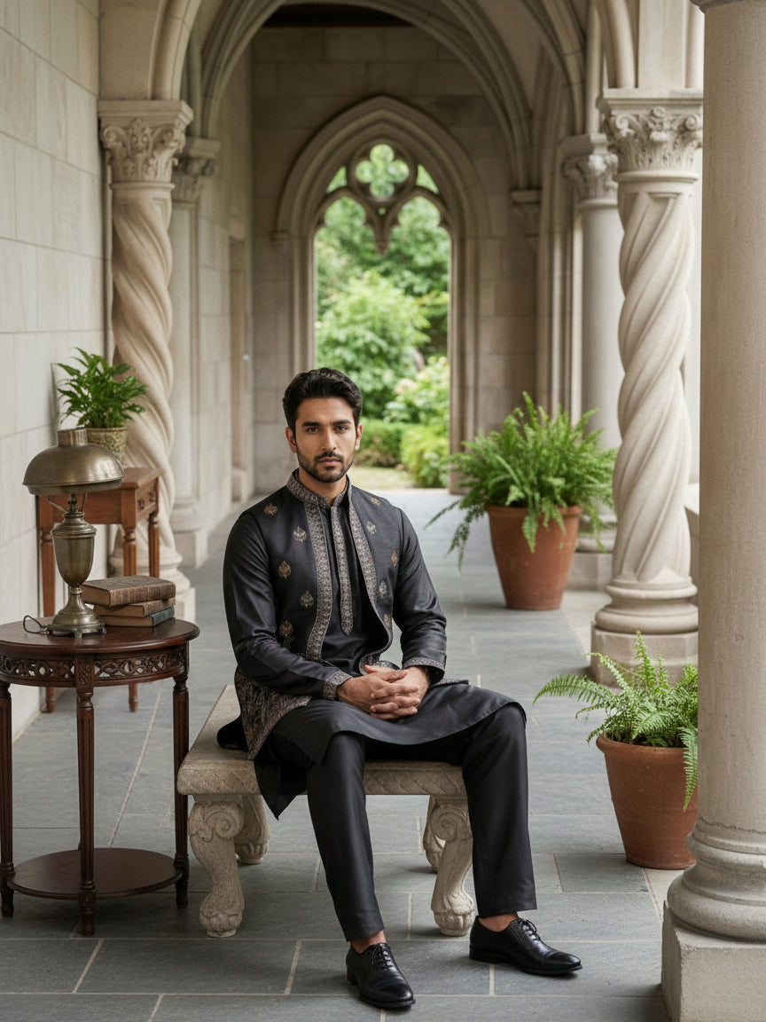 Silk Blend Embroidered Kurta with Pyjama & Waistcoat ( 65KPWCS 5479Black )